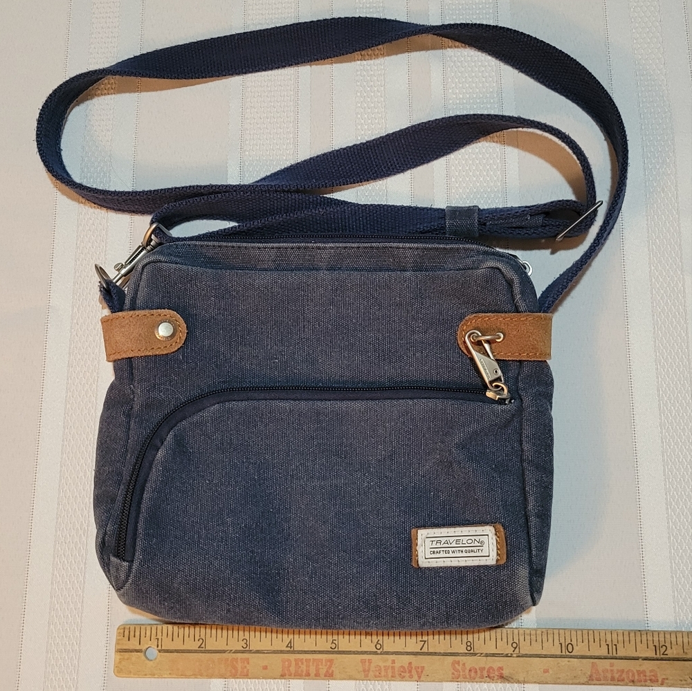 TRAVELON BLUE CANVAS CROSSBODY BAG